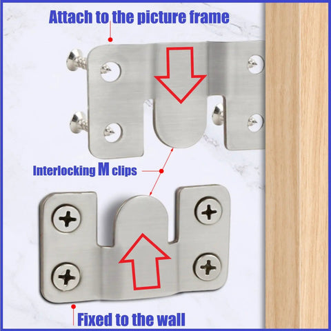 Built Like A Tank French Cleat Picture Hanging Kit With Six Stainless Steel Wall Mount Brackets And Anchors For Zero Sweat Art Gallery Displays And Outdoor Bird Feeders Setup; two interlocking stainless steel M clips with attachment points.