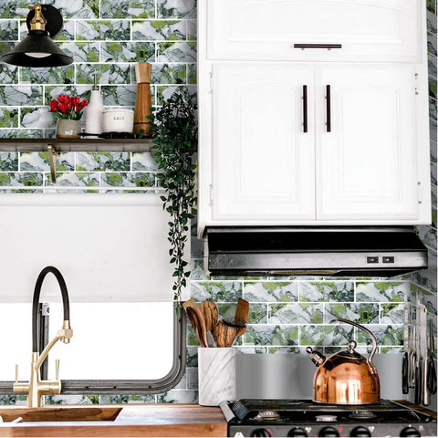Peel And Stick Subway Tile Backsplash Kit 10 Sheets 13x12 Ice Green Marble Look Kitchen Tiles DIY Friendly Easy Install Realistic 3D Texture No Mess Removable Safe PU PET Backing displayed in modern kitchen.