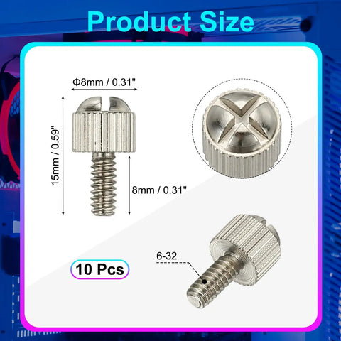 10 Pack 6-32 Knurled Phillips Thumb Screws Nickel Plated Carbon Steel showing sizes and details for precision mounting in PC builds.