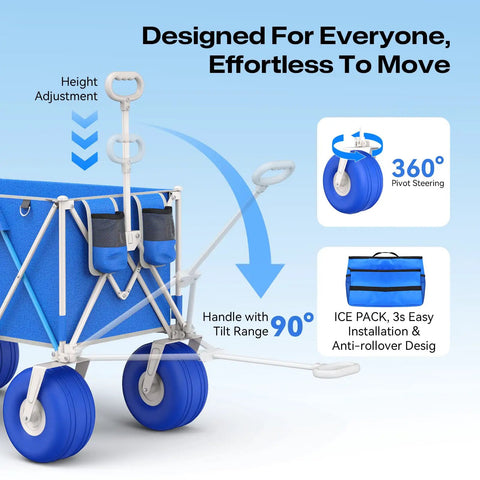 Ten Point Five Inch Balloon Wheel Beach Wagon Heavy Duty All Terrain Cart features adjustable handle and removable cooler bag.