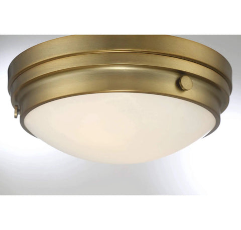 Lucerne Industrial Flush Mount Ceiling Light With White Glass Shades Two Light 120 Total Watts Warm Brass Finish