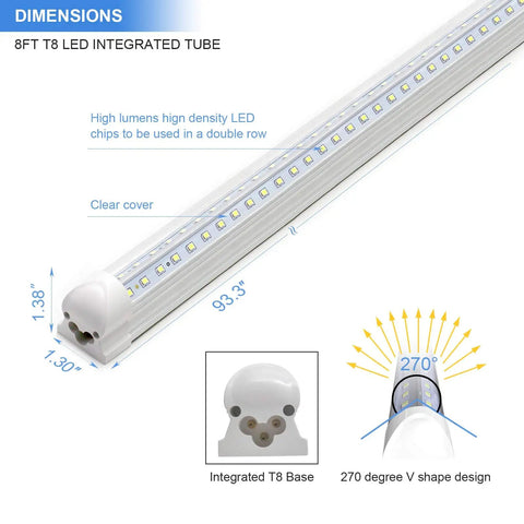 Close-up of 10 Pack 8 Foot LED Shop Light Fixture With 90W T8 Integrated LED, 6500K Bright White, V Shape, Clear Cover