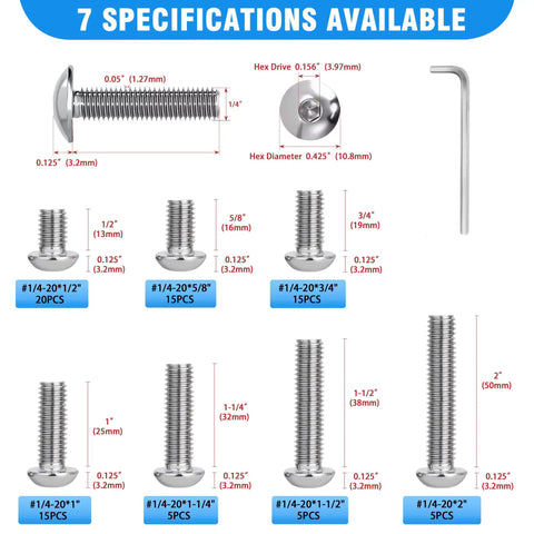 Badass 81 Piece 1/4-20 Button Head Socket Cap Bolt Assortment Kit Made From Rugged 304 Stainless Steel with hex wrench and bolt specs.