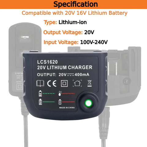 Front view of LCS1620 Replacement 20V 16V Lithium Ion Battery Charger for Black and Decker with LED indicator