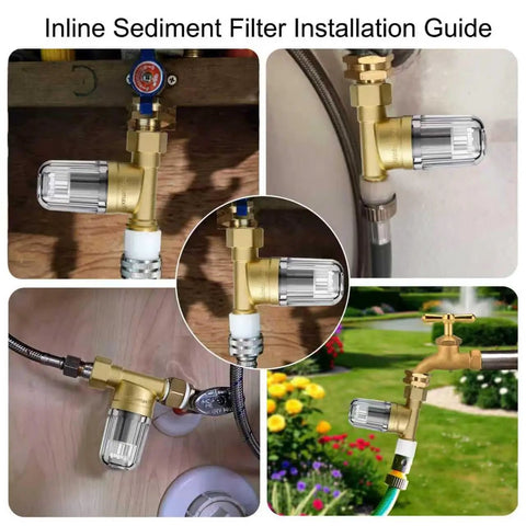 XZ02 50 Micron Reusable Brass Washing Machine Water Filter installation for heaters, camping, and travel.