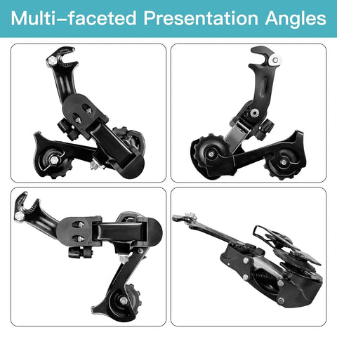 K142 Six Seven Speed Rear Derailleur Hanger Mount For MTB Commuter Cruiser Bikes, multi-angled view, black aluminum