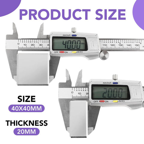 Front view of two silver neodymium block magnets with digital calipers showing 40x40x20 mm.