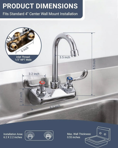 Product dimensions of Phivan 4" Wall Mount Brass Kitchen Sink Faucet, 3-1/2" Gooseneck Spout with specifications.