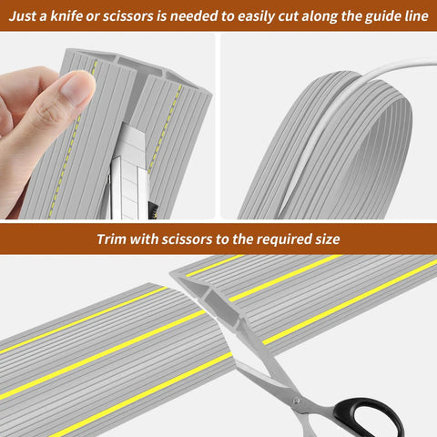Heavy Duty Ten Foot Floor Cord Cover With 3 Channel PVC Cable Protector showing cutting and trimming instructions.