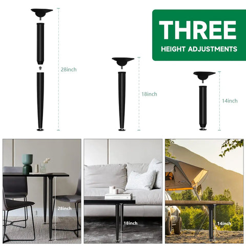 3 In 1 Metal Folding Table Legs With Adjustable Floor Protectors For Round Or Square Tables, shown in 28, 18, and 14 inch heights