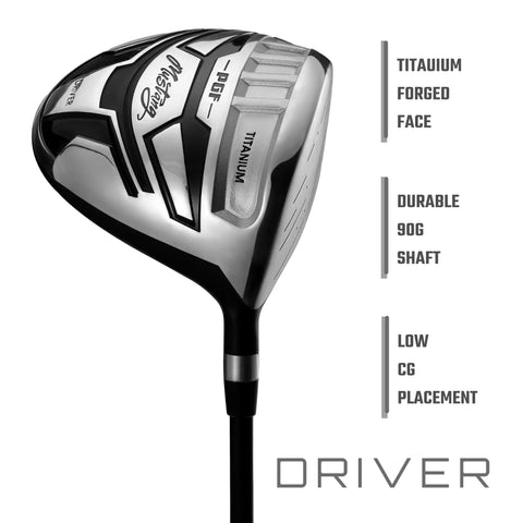 Close-up of Mustang MK7 14 Piece Complete Golf Club Package Set driver, titanium forged face, low CG, 90g shaft.