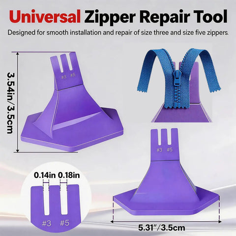 Smooth Operator Three Prong Zipper Jig Sewing Tool For Size 3 And 5 Fasteners, showing tool dimensions and zippered fabric.