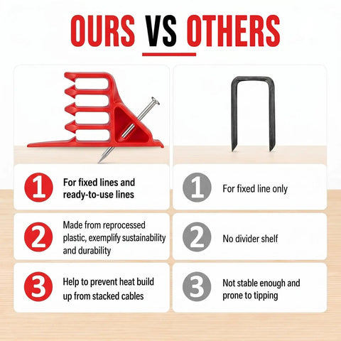 Comparison of 100 Pack Red Plastic Cable Stacker Clips With Nail For Secure Electrical Wire Organization vs standard clips.
