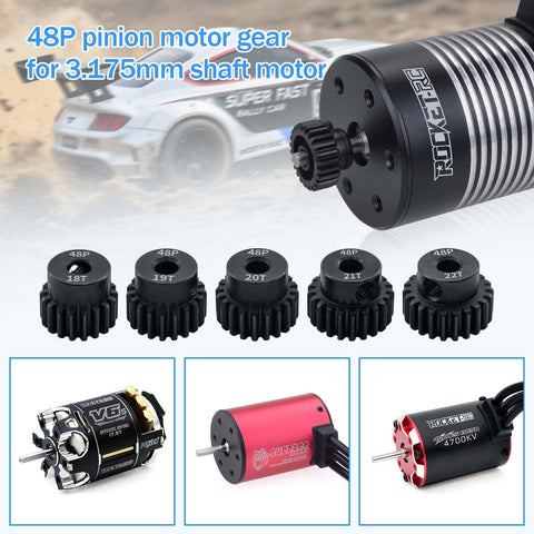 48P Pinion Gear Set For One Tenth RC Car With 3.175mm shaft hole and motors, showcasing a 5-pack with screwdriver for quick install