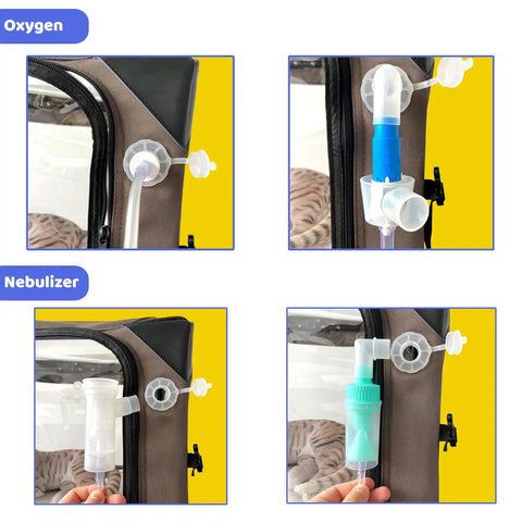 Pet Nebulizer Therapy Cage For Oxygen And Nebulization All In One Dual Port showing tube and nozzle connections