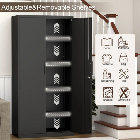 72 Inch Steel Garage Storage Cabinet With Locking Doors, 4 Shelves, shown with adjustable shelves in a home setting.