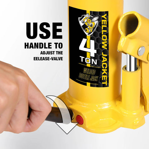 Bottle jack, Yellow Jacket 4-ton welded steel with pump handle; yellow body and visible branding label