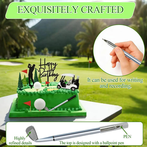Straight Fire Golf Theme Cake Topper Set For Birthday Parties Featuring Mini Cart Clubs Ball Green Tree And Red Flag Cupcake Toppers To Knock It Out Of The Park At Your Dessert Table Bash on a decorated cake.