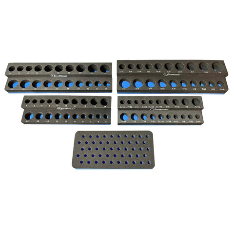 All In One Socket Organizer For 1/4 And 3/8 Drives With SAE And Metric Sizes, deep and standard sockets displayed in EVA foam