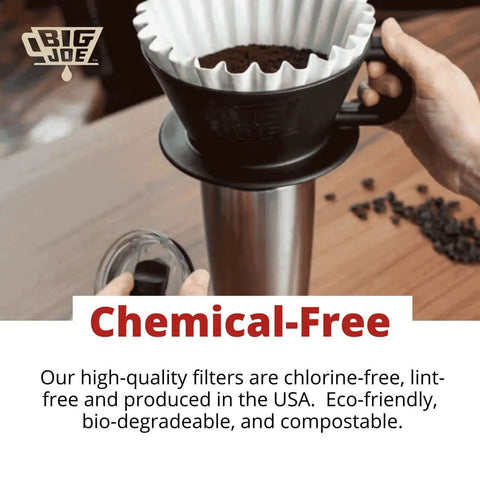 Close-up of commercial coffee filters for 12 cup drip machines with extra tall walls to prevent grounds overflow, pro grade USA.