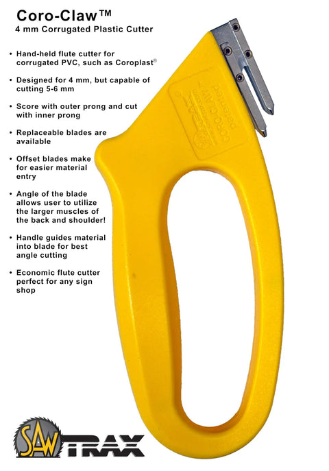 Coro-Claw 4 mm Corrugated Plastic Cutter in yellow, designed for scoring PVC and Coroplast with replaceable blades.
