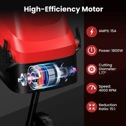 High-efficiency motor features of Powerful 15 Amp Corded Wood Chipper Shredder With 15 To 1 Reduction in red
