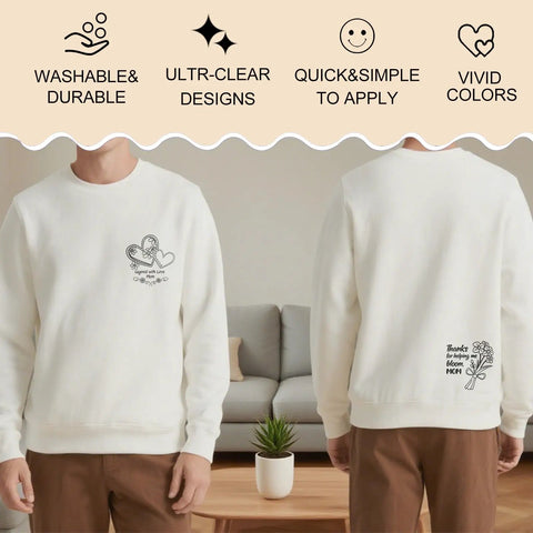 Model wearing sweatshirt with heart and flower decals from 36 Sheet Iron On Transfer Decals Set for DIY Tees and Hoodies.