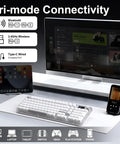 Tri Mode Wireless Gaming Keyboard Bluetooth 5 0 And 2 4 Ghz Silent Creamy White Keys For Multi Device Switching on desk setup.