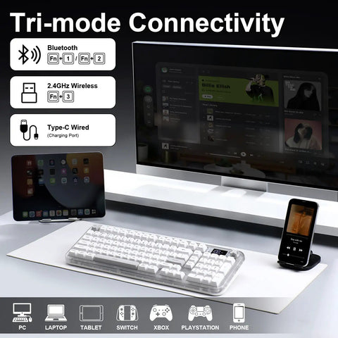 Tri Mode Wireless Gaming Keyboard Bluetooth 5 0 And 2 4 Ghz Silent Creamy White Keys For Multi Device Switching on desk setup.