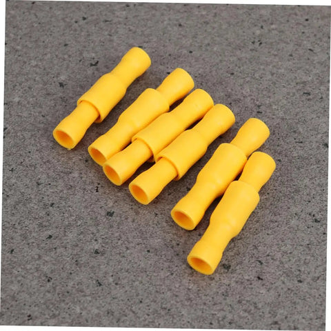 Close-up of yellow insulated wire crimp connectors from Insulated Wire Crimp Connector Kit With 50 Male And 50 Female Quick Disconnects.