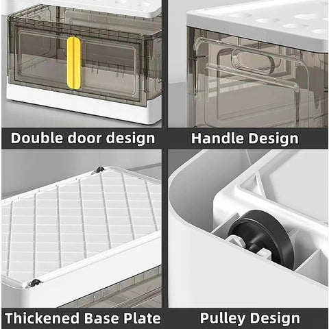 Heavy Duty 17.4 Gallon Lidded Storage Bins Stackable And Collapsible showing double doors, handle, thickened base plate, and pulley design.
