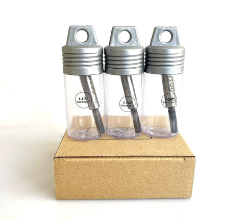 Badass Forstner Bit Set With A Nifty Hex Shank 1-1/8 Inch 1-1/4 Inch 1-3/8 Inch Wood Drill Bits in plastic storage, highlighting sizes.