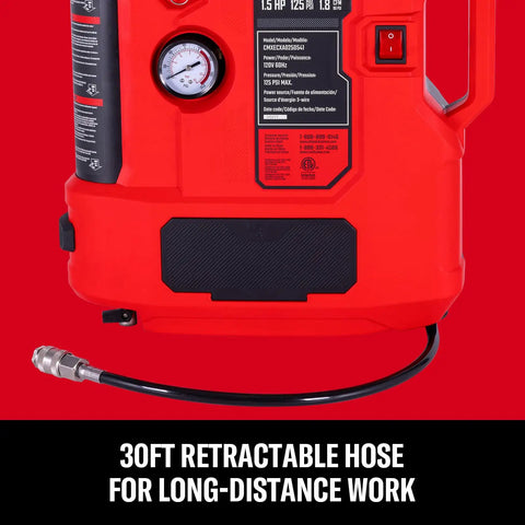 Craftsman Wall Mount Air Compressor With 8 Piece Accessory Kit, Portable Tire Inflator & Quiet Mini Tank 125 Psi Max Pressure Retractable 30 Ft Hose For Garage Home Car Maintenance