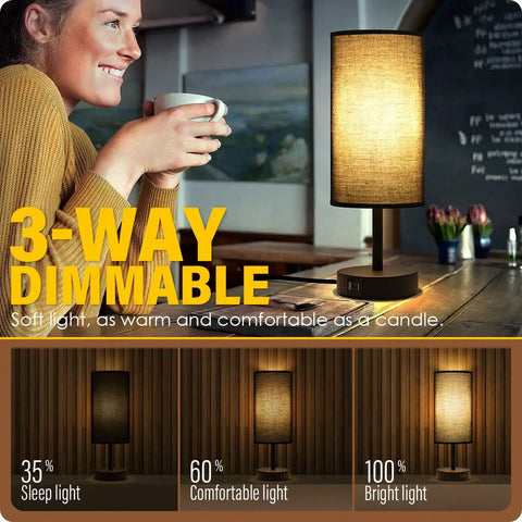 Woman enjoying 3-way dimmable light from Set Of 2 Bedside Lamps With USB Port, 3 Way Dimmable Touch Control, Black Round Fabric Shade.