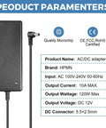 Product specifications for Beefy 12V DC 10A LED Strip Power Supply Adapter For 5050 3528 Lights, 120W Max, AC To DC Switching Converter With 5.5x2.5mm Output Jack, 100-240V Input, Indoor Use.