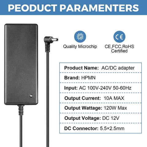 Product specifications for Beefy 12V DC 10A LED Strip Power Supply Adapter For 5050 3528 Lights, 120W Max, AC To DC Switching Converter With 5.5x2.5mm Output Jack, 100-240V Input, Indoor Use.