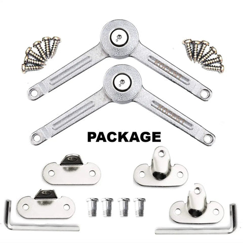 Heavy Duty Lid Support Hinges With Foolproof Adjusting Action For Cabinets Wardrobes And Toy Box package contents with screws and brackets.