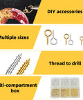 800Pcs Screw Eye Pins Kit For Jewelry Making And DIY Crafts with gold and silver eyelets in multiple sizes shown in multi-compartment box