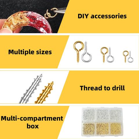 800Pcs Screw Eye Pins Kit For Jewelry Making And DIY Crafts with gold and silver eyelets in multiple sizes shown in multi-compartment box