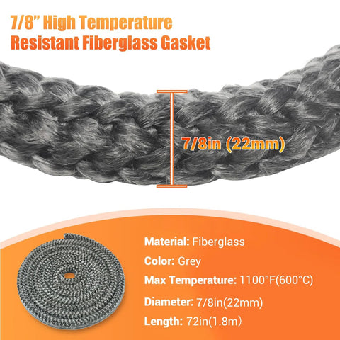 Wood stove gasket rope, 7/8in x 72in, grey fiberglass door seal, Amazon brand