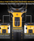 20V Cordless Rivet Gun With Brushless Motor And 2000 Lbs Kick Ass Power controls for forward/reverse rotation and automatic riveting.