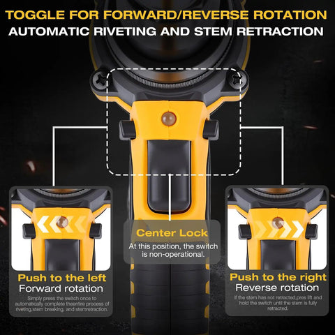 20V Cordless Rivet Gun With Brushless Motor And 2000 Lbs Kick Ass Power controls for forward/reverse rotation and automatic riveting.