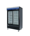 Heavy Duty Commercial Refrigerator 45 Cubic Feet With Double Sliding Glass Doors And Black Finish showcasing adjustable wire shelving.