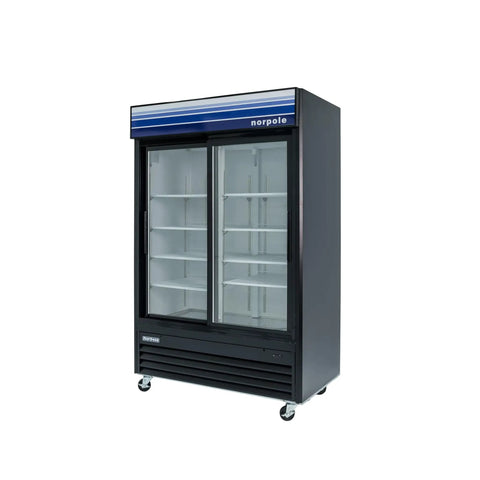 Heavy Duty Commercial Refrigerator 45 Cubic Feet With Double Sliding Glass Doors And Black Finish showcasing adjustable wire shelving.
