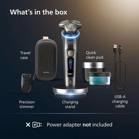 Clutch Ultra Precise Wet And Dry Electric Shaver With SenseIQ Pro Technology 360 Flex Heads Triple Lift And Cut System NanoTech Precision Blades For A Close Daylong Shave Quick Clean Pod Included Dark Slate with travel case and USB-A cable