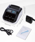 Beast Money Counter With Batch Mode And Value Add, 1100 Pieces Per Minute LCD Display, components spread with dimensions.