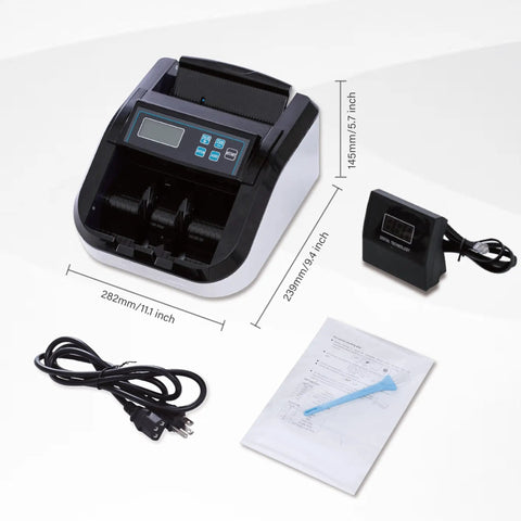 Beast Money Counter With Batch Mode And Value Add, 1100 Pieces Per Minute LCD Display, components spread with dimensions.