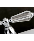 Crystal lever handle of 4 Inch Centerset Bathroom Faucet In Slick Polished Chrome With Drip Free Ceramic Cartridge, 1.2 GPM flow.