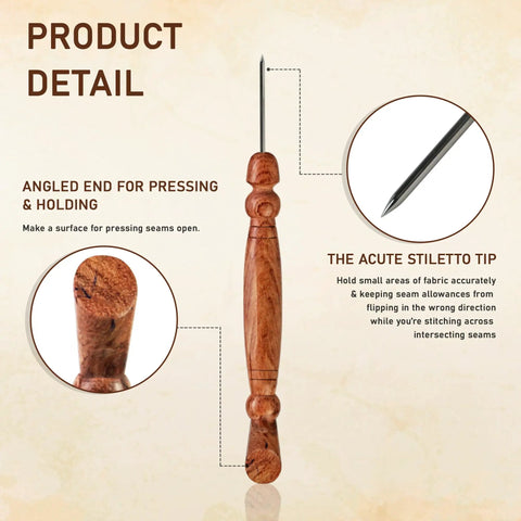 Go-To Stiletto and Pressing Tool for Quilting and Sewing with wooden handle and steel tip shown in product detail image