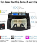Pro Level Single Denomination Bill Counter Machine With Smart Counterfeit Detector And Lightning Fast Infrared Sensors, showing LCD display and bills.